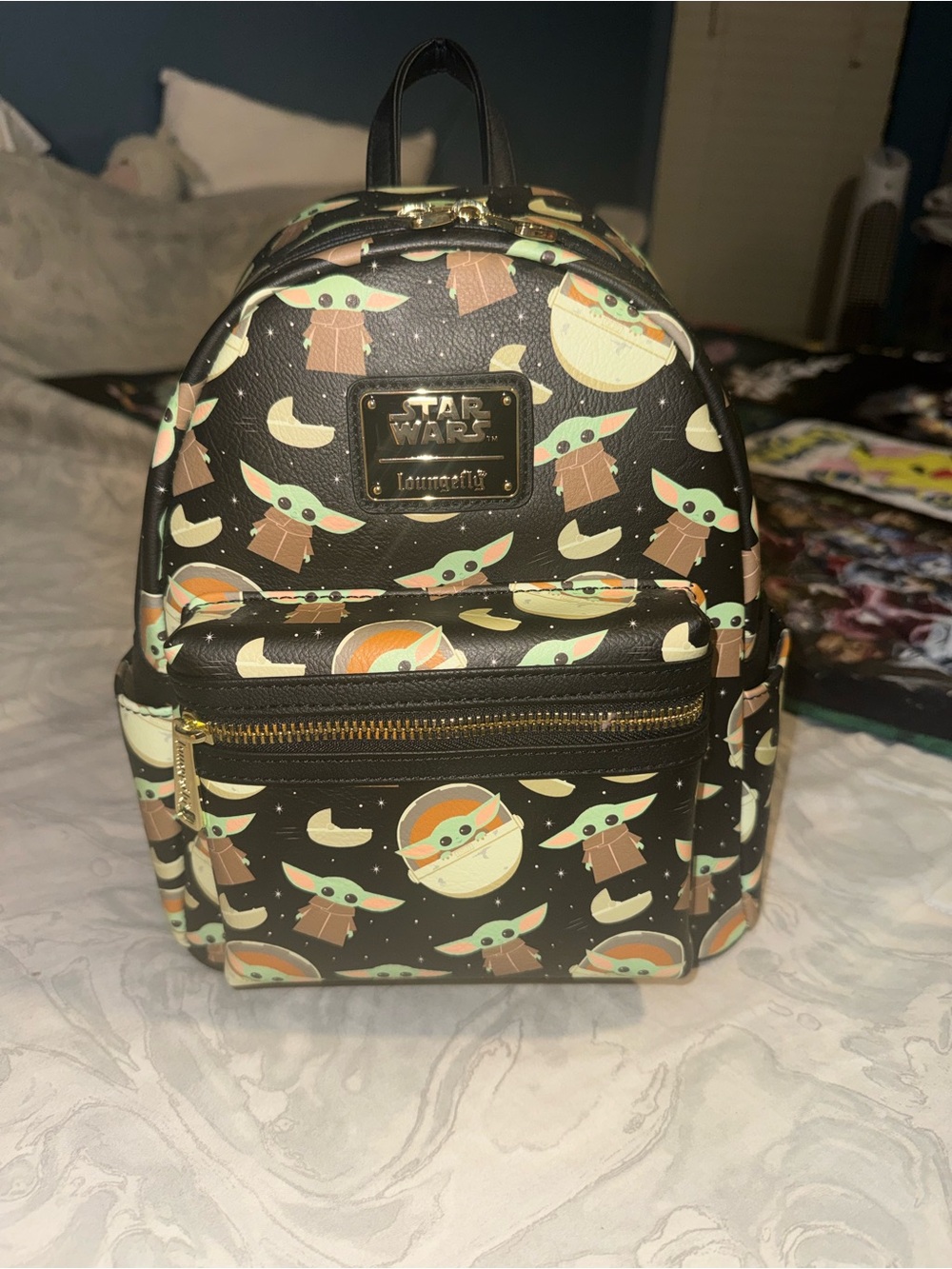 Loungefly Star Wars Grogu Repeat Print Black Mini Backpack with Gold Accent